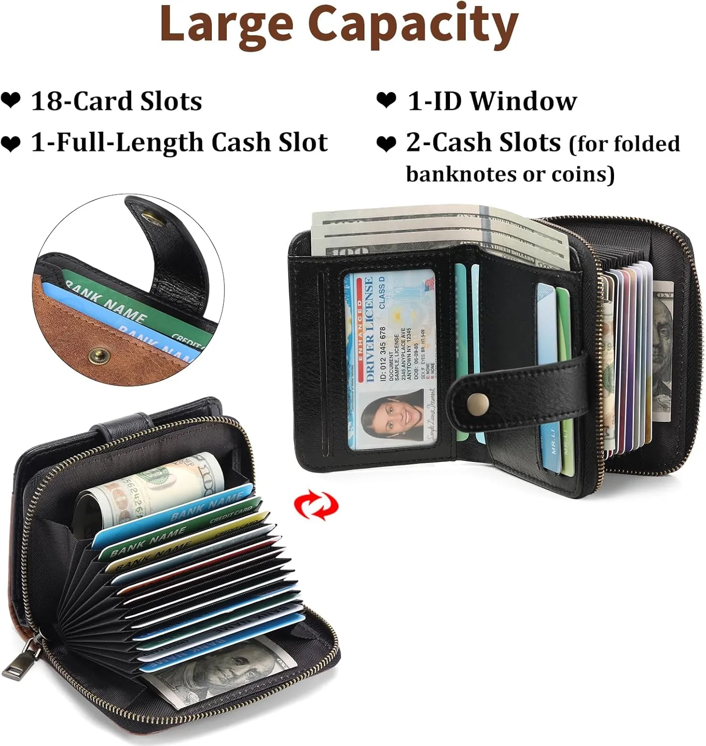 GAEKEAO Small Wallet for Women Leather RFID Blocking Bifold Zipper Pocket Credit Card Holder Card Case Wallets with ID Window