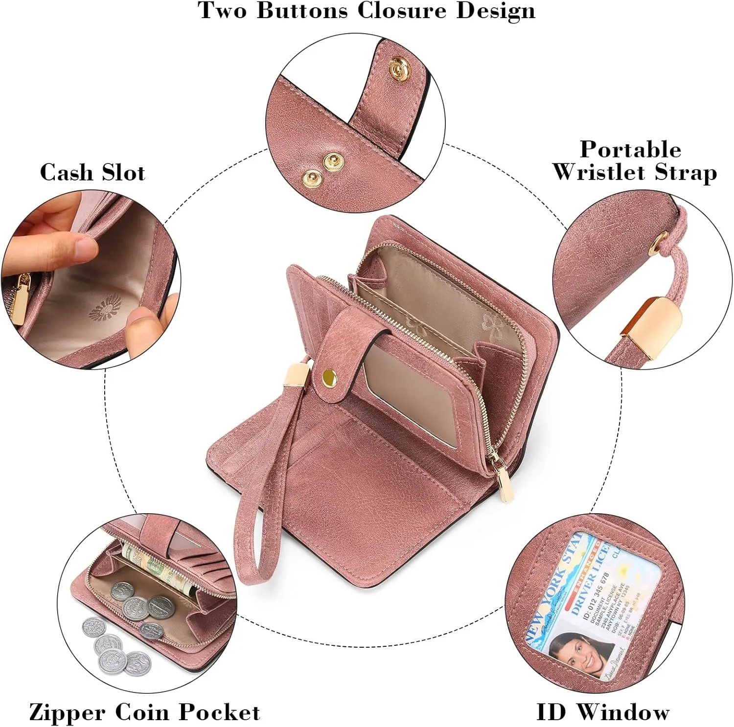 GAEKEAO Small Wallet for Women RFID Blocking Leather Wristlet Purse Bifold Ladies Wallet Credit Card Holder with ID Window