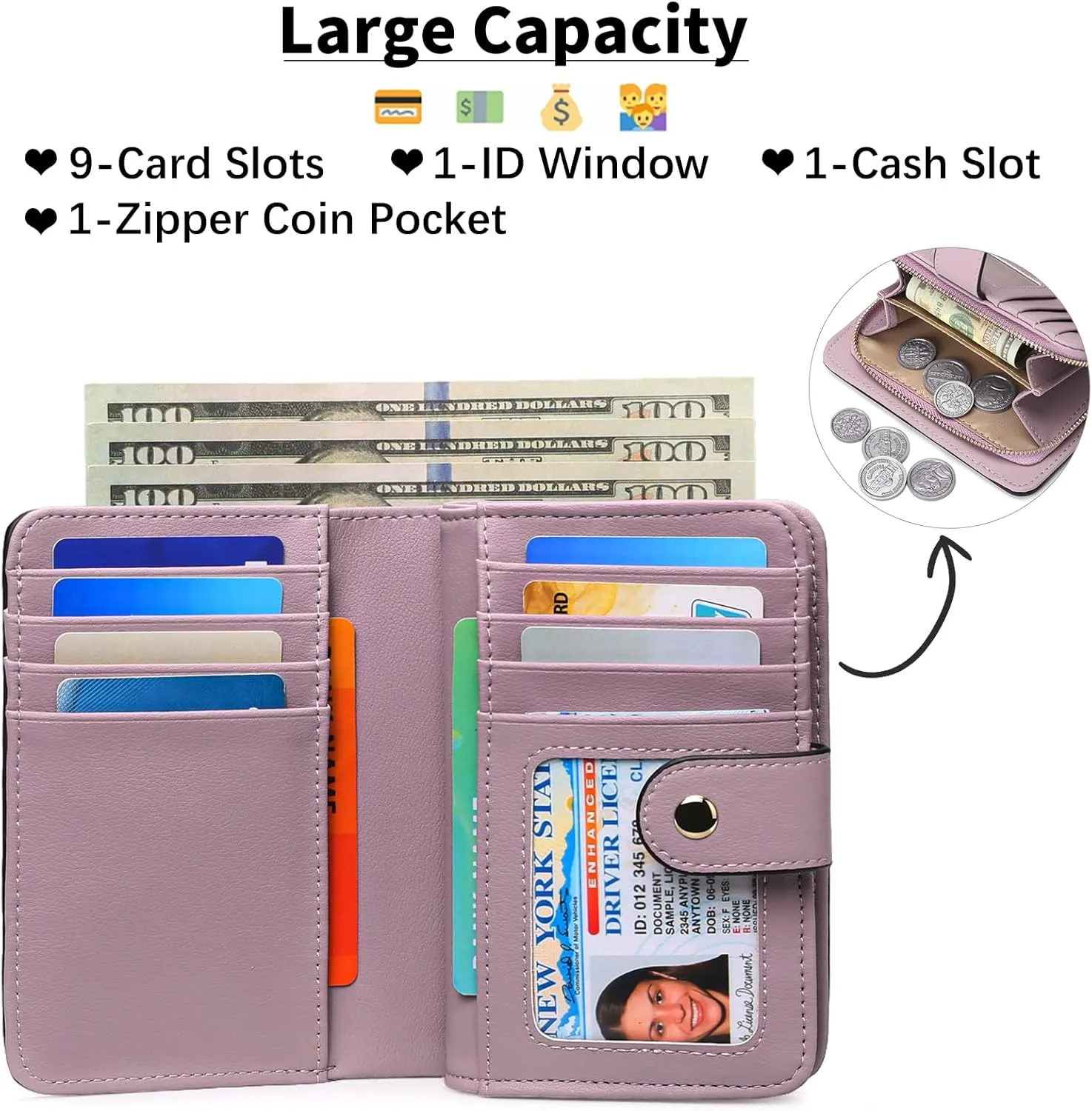 GAEKEAO Small Wallet for Women RFID Blocking Leather Wristlet Purse Bifold Ladies Wallet Credit Card Holder with ID Window