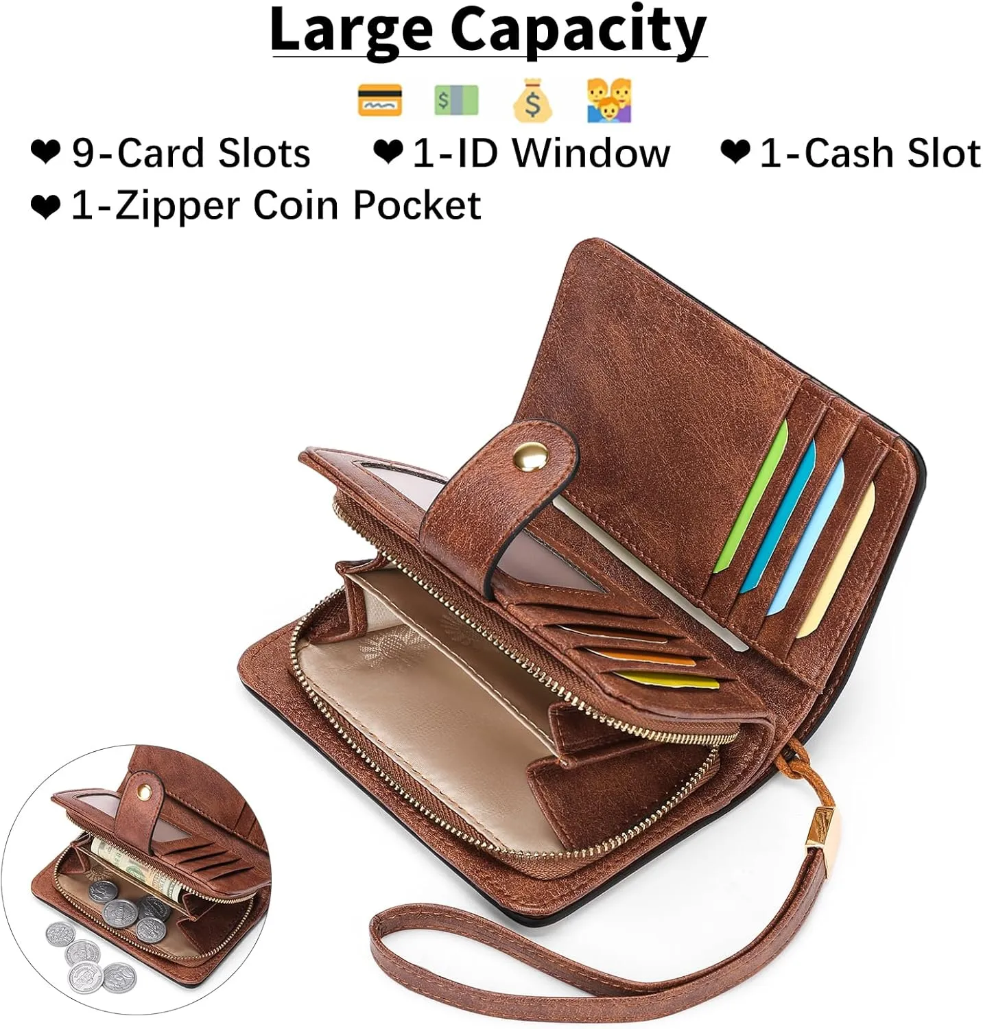 GAEKEAO Small Wallet for Women RFID Blocking Leather Wristlet Purse Bifold Ladies Wallet Credit Card Holder with ID Window