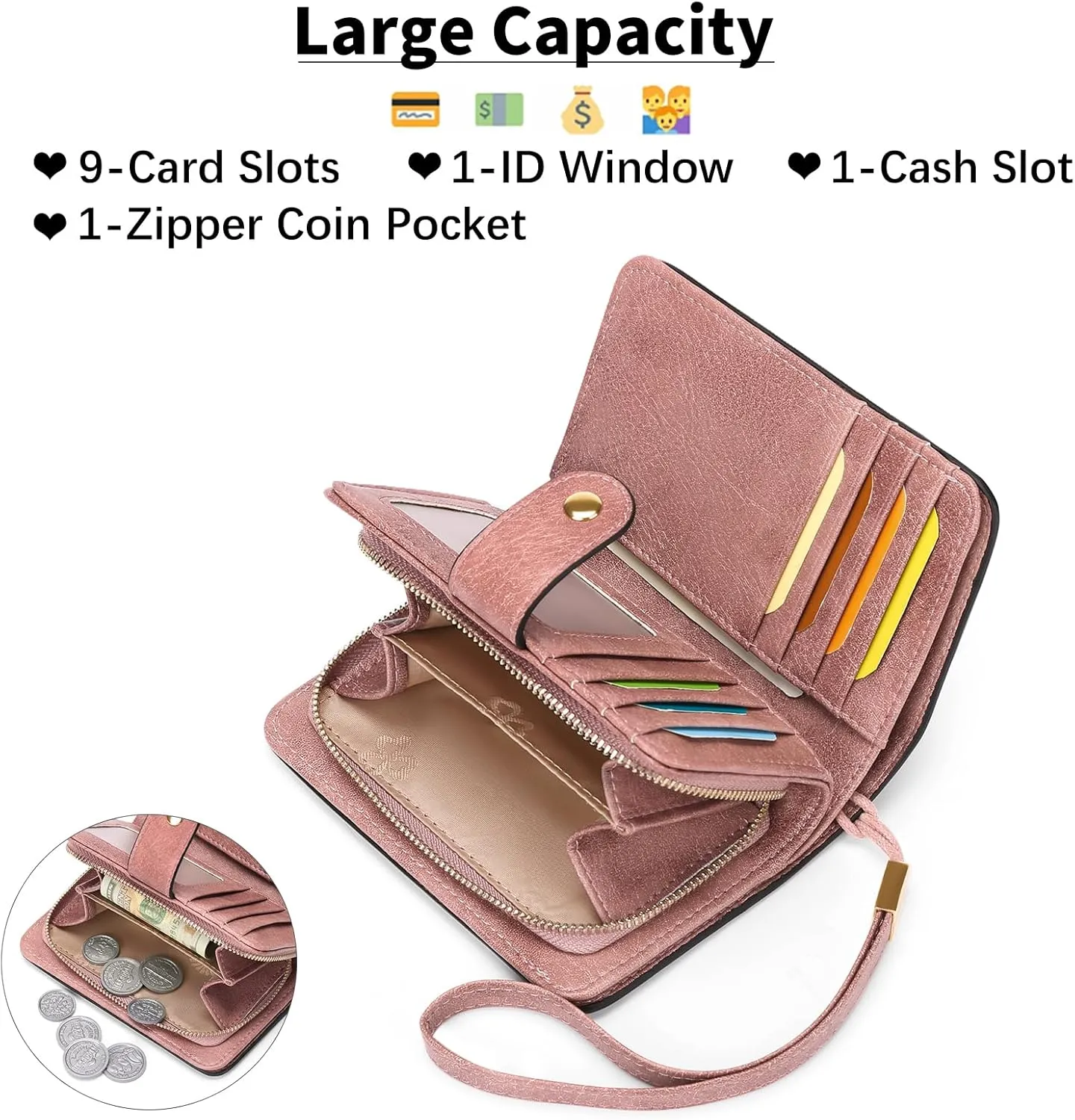 GAEKEAO Small Wallet for Women RFID Blocking Leather Wristlet Purse Bifold Ladies Wallet Credit Card Holder with ID Window