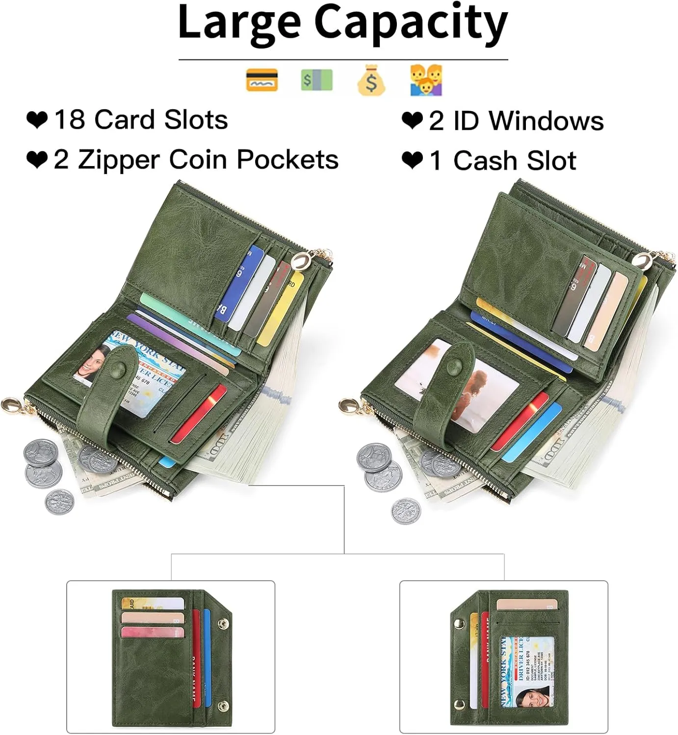 GAEKEAO Small Wallets for Women Leather RFID Blocking Bifold Double Zipper Pockets Wallet Card Case Purse with 2 ID Windows