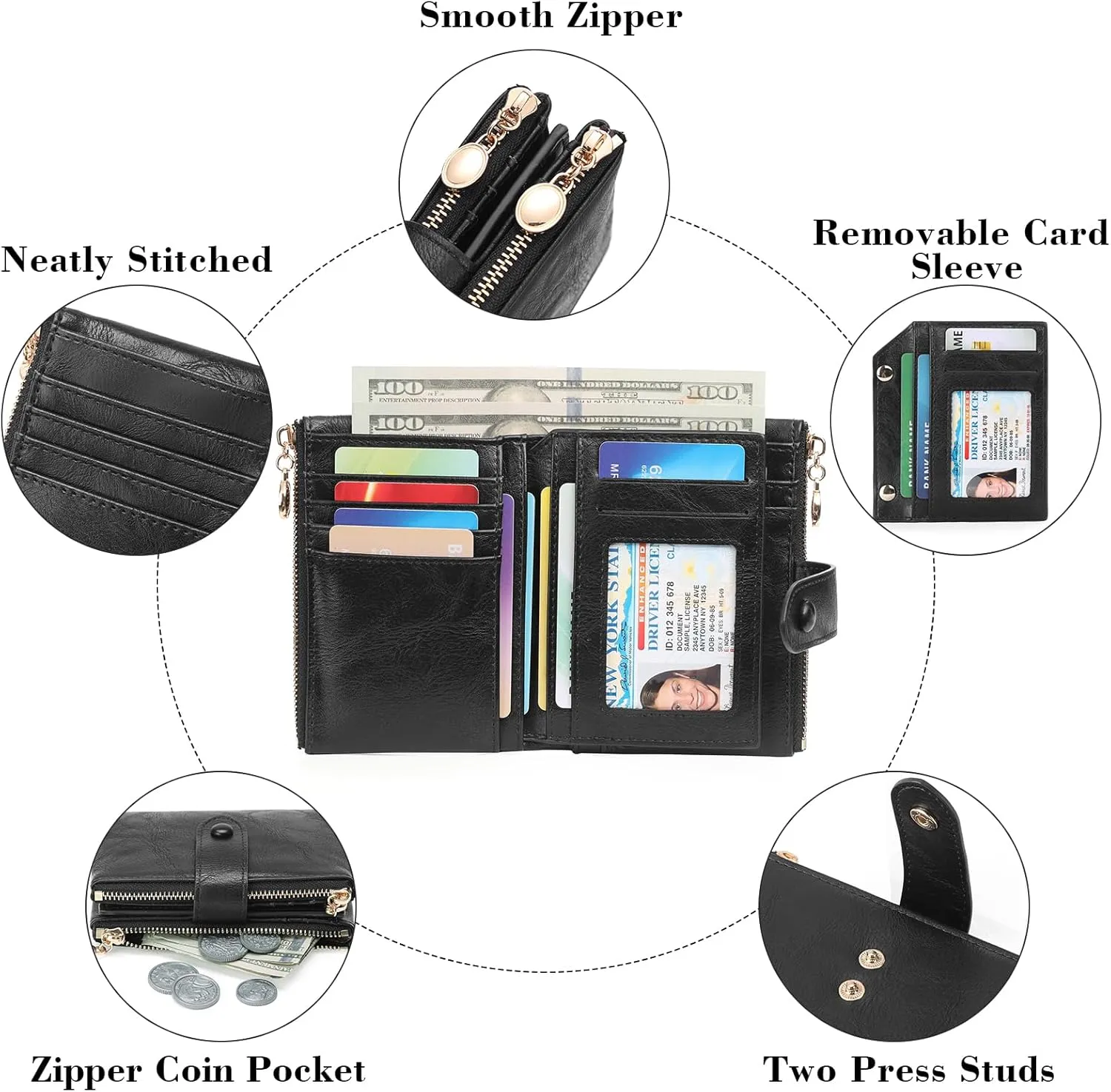 GAEKEAO Small Wallets for Women Leather RFID Blocking Bifold Double Zipper Pockets Wallet Card Case Purse with 2 ID Windows