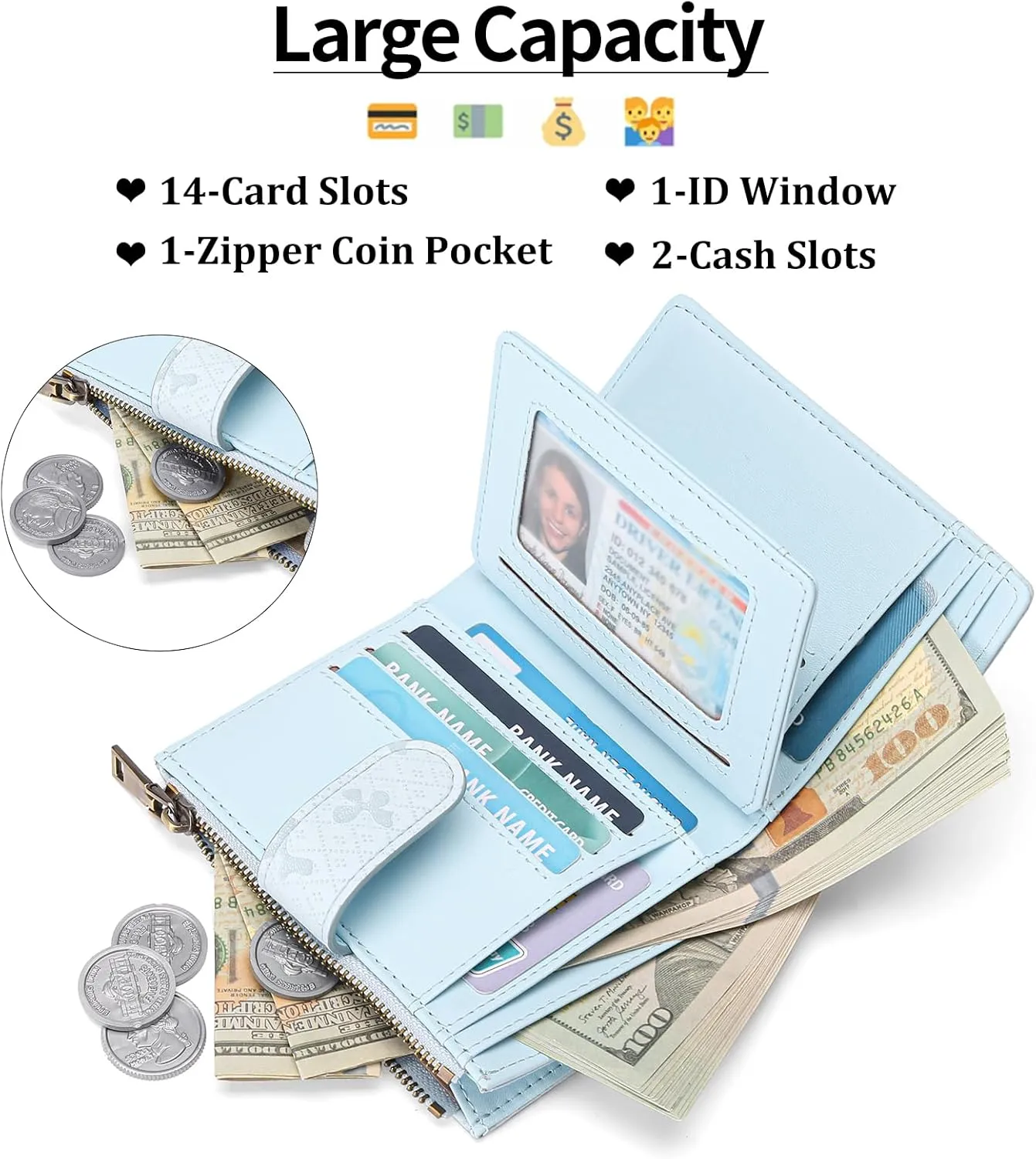 GAEKEAO Small Wallets for Women Leather RFID Blocking Bifold Zipper Pocket Wallet Card Case Purse with ID Window