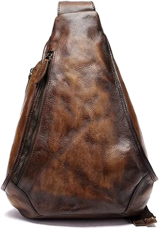 Genuine Leather Sling Bag for Women Men Vintage Handmade Chest Backpack Casual Crossbody Daypack Shoulder Satchel Coffee