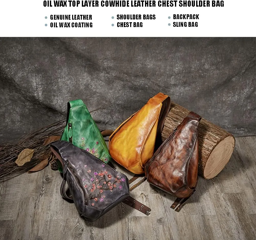 Genuine Leather Sling Bag for Women Men Vintage Handmade Chest Backpack Casual Crossbody Daypack Shoulder Satchel Coffee
