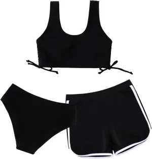 Girl's 3 Piece Bikini Bathing Suit Printed Sport Swimsuits with Shorts Cove Up Sets Teen Girl's Swimwear