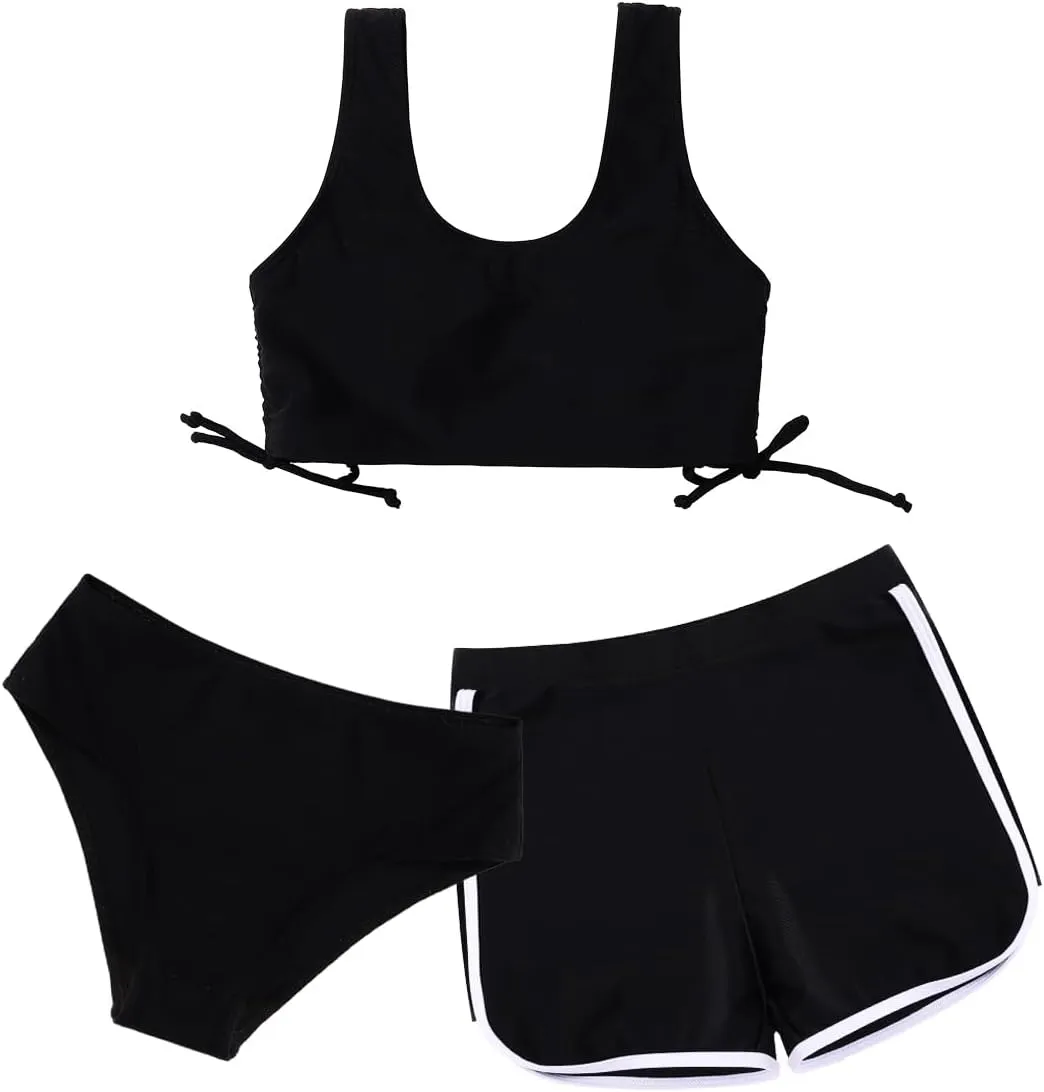 Girl's 3 Piece Bikini Bathing Suit Printed Sport Swimsuits with Shorts Cove Up Sets Teen Girl's Swimwear