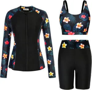 GRACE KARIN Women's 3 Piece Rash Guard Built-in Bra Long Sleeve UV Sun Protection Swimsuit Zip up Swim Top Shirt Modest