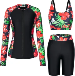 GRACE KARIN Women's 3 Piece Rash Guard Built-in Bra Long Sleeve UV Sun Protection Swimsuit Zip up Swim Top Shirt Modest