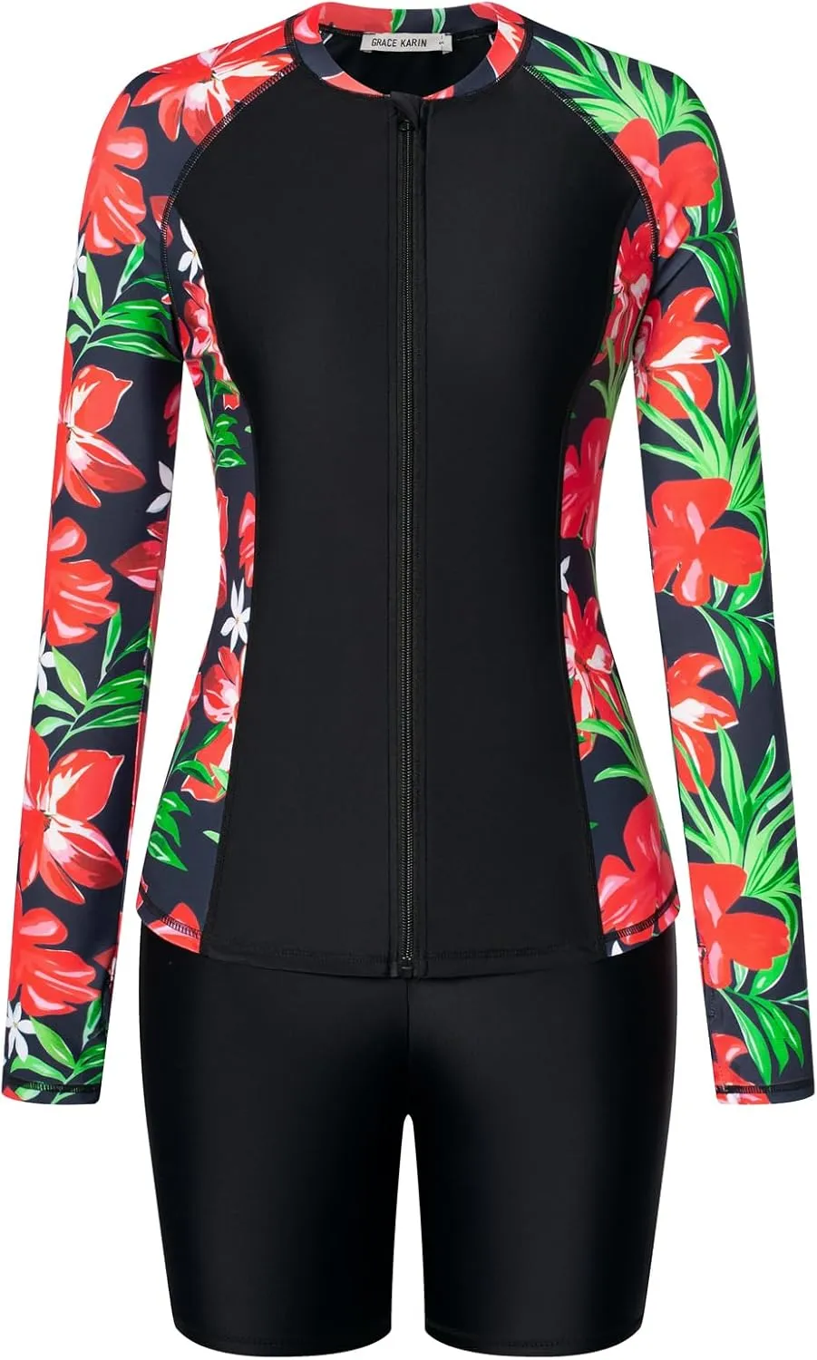 GRACE KARIN Women's 3 Piece Rash Guard Built-in Bra Long Sleeve UV Sun Protection Swimsuit Zip up Swim Top Shirt Modest