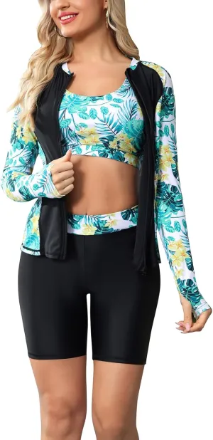 GRACE KARIN Women's 3 Piece Rash Guard Built-in Bra Long Sleeve UV Sun Protection Swimsuit Zip up Swim Top Shirt Modest