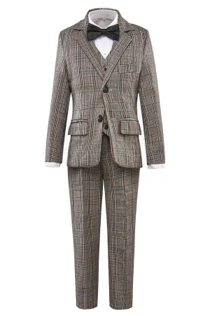 Grey and Brown Plaid Elegant Formal 5 Piece Boys Suits
