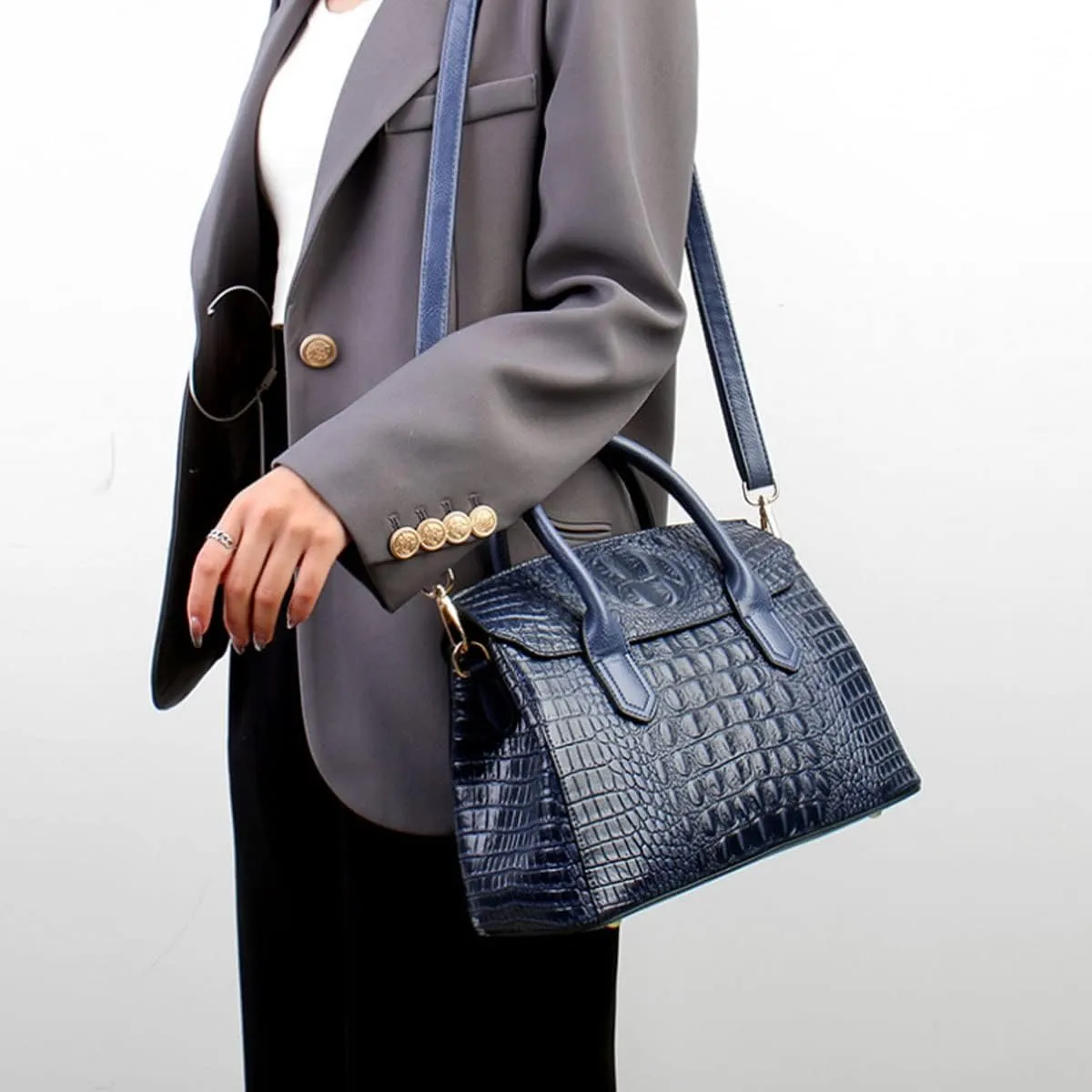 Handbags and Purses for Women Crocodile Pattern Shoulder Bag Leather Top-Handle Satchel Ladies Fashion Tote Blue