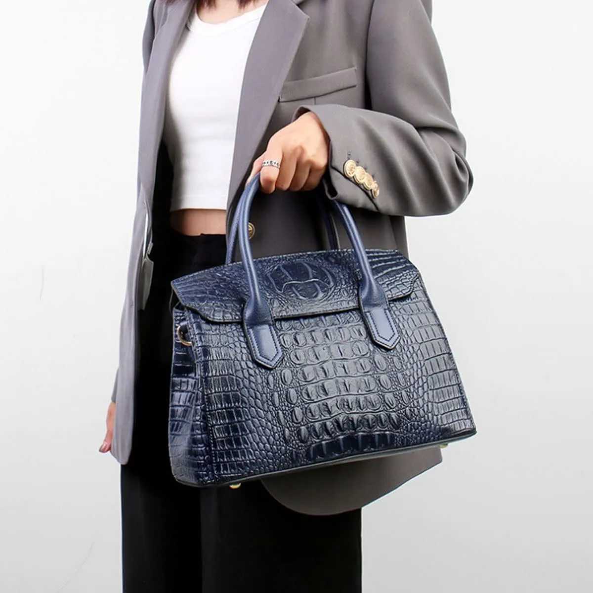 Handbags and Purses for Women Crocodile Pattern Shoulder Bag Leather Top-Handle Satchel Ladies Fashion Tote Blue