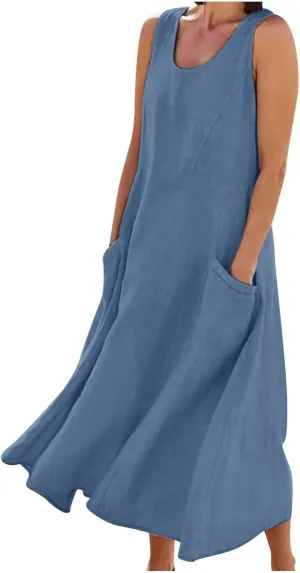 Hawaiian Dresses for Women Summer Casual Short Sleeve Cotton Linen Sundresses Oversized Flowy Dress with Pockets