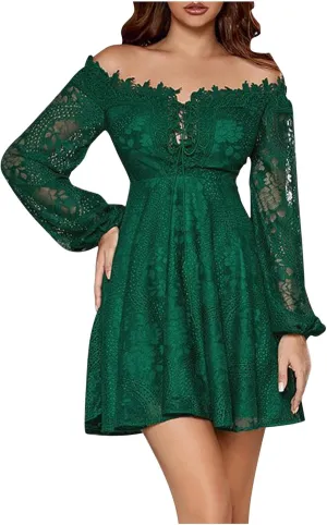 HGps8w Women Off The Shoulder Floral Lace Mini Dress Casual Solid Lantern Long Sleeve A-Line Swing Cocktail Party Dresses