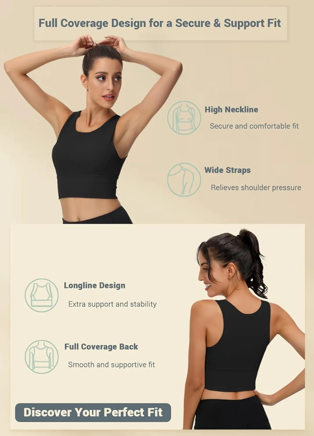 High Neck Sports Bra for Women Longline Full Coverage Sports Bras Medium Impact Padded Workout Crop Tops for Yoga Gym