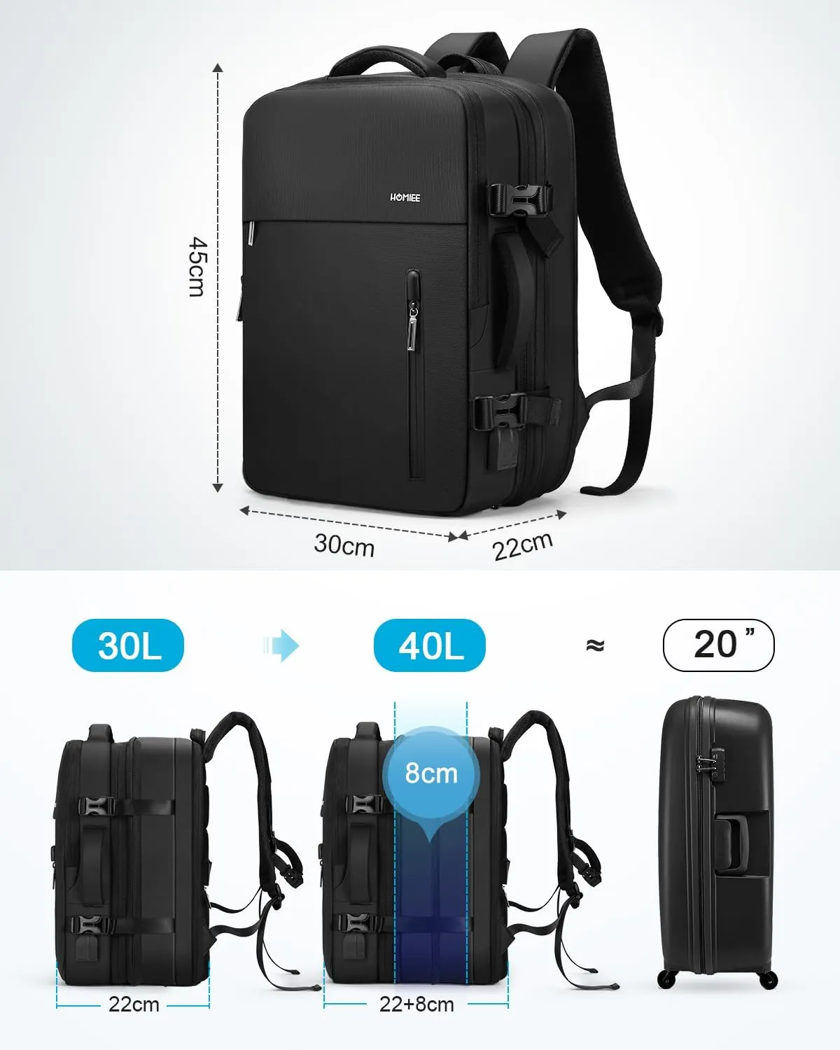 HOMIEE 40L Travel Backpack TSA Approved Personal Item Bag Carry on Luggage 18x14x8 Expandable Laptop Backpack for Men Women, Black