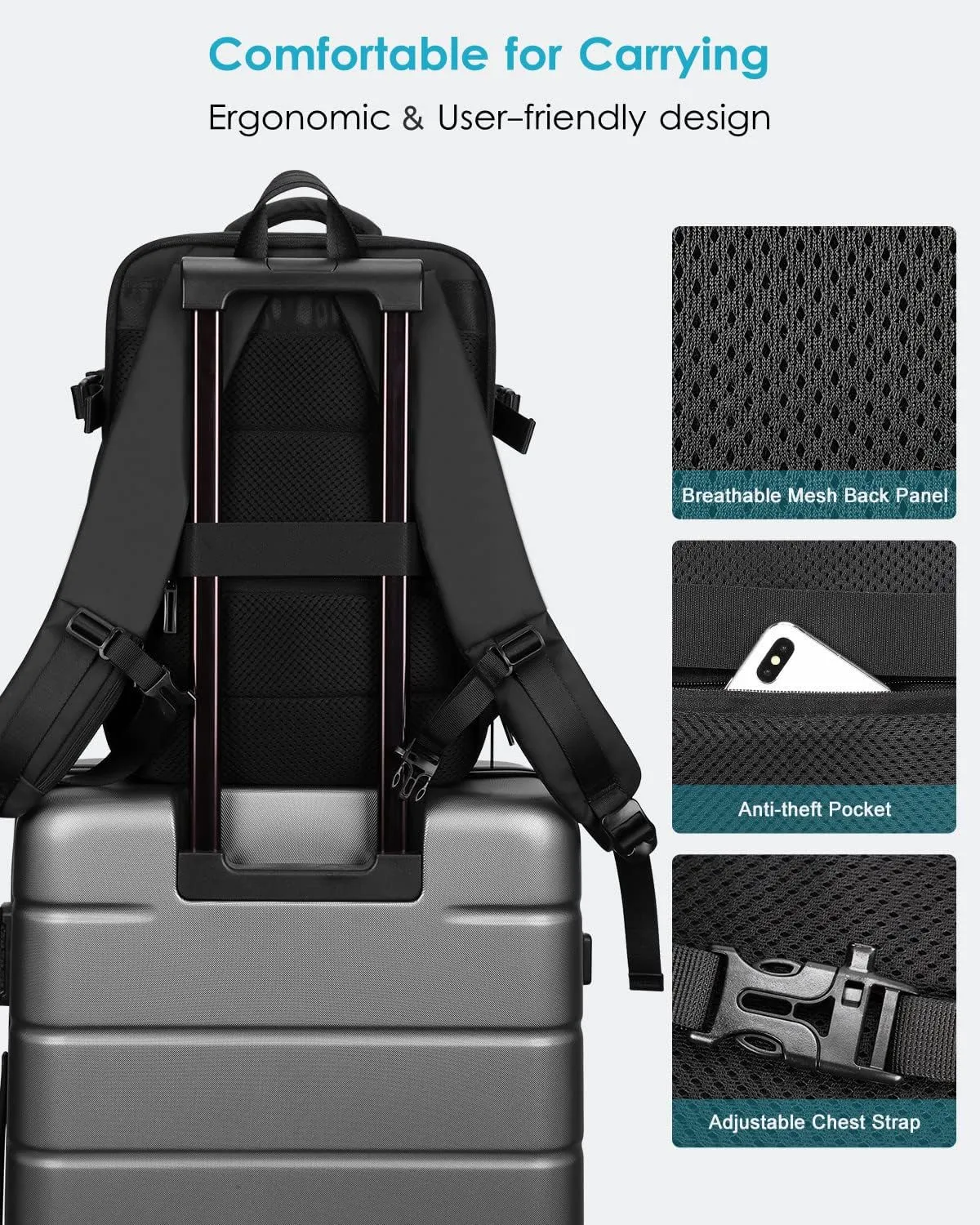 HOMIEE 40L Travel Backpack TSA Approved Personal Item Bag Carry on Luggage 18x14x8 Expandable Laptop Backpack for Men Women, Black