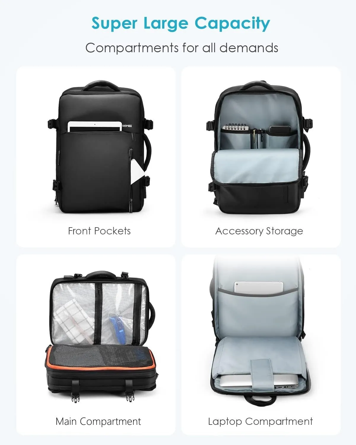 HOMIEE 40L Travel Backpack TSA Approved Personal Item Bag Carry on Luggage 18x14x8 Expandable Laptop Backpack for Men Women, Black