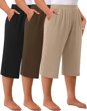 Huukeay 3 Pack Women's Plus Size Capri Pants, Cotton Wide Leg Capris Sweatpants Summer Loose Cropped Yoga Pants with Pockets