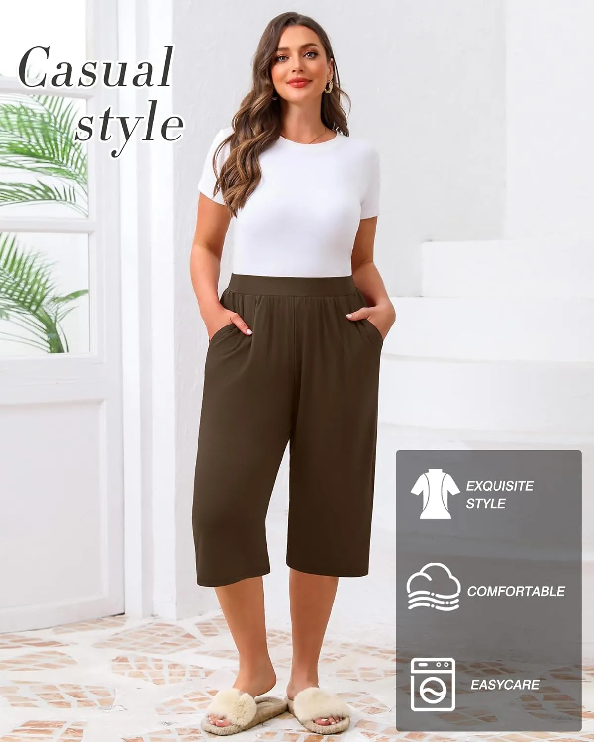Huukeay 3 Pack Women's Plus Size Capri Pants, Cotton Wide Leg Capris Sweatpants Summer Loose Cropped Yoga Pants with Pockets
