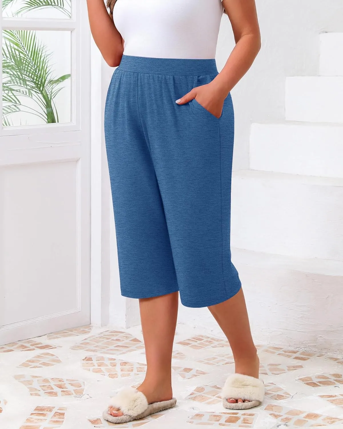Huukeay 3 Pack Women's Plus Size Capri Pants, Cotton Wide Leg Capris Sweatpants Summer Loose Cropped Yoga Pants with Pockets
