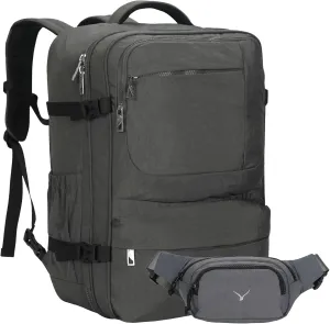 Hynes Eagle 44L Carry on Backpack Airline Approved Travel Backpack for Men Women Large Laptop Backpack 17 inch Nylon Backpack Overnight Weekender Bag Grey with Waist Pack Grey