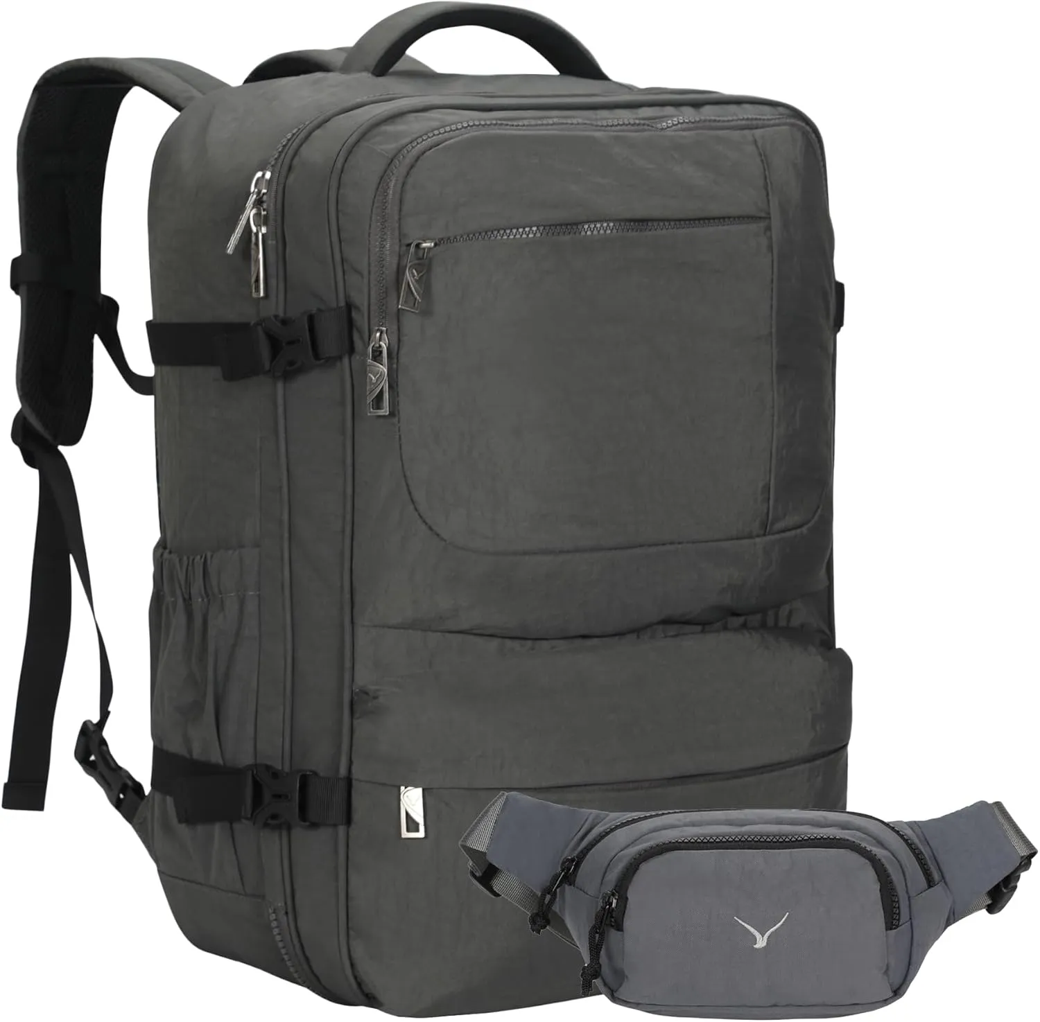 Hynes Eagle 44L Carry on Backpack Airline Approved Travel Backpack for Men Women Large Laptop Backpack 17 inch Nylon Backpack Overnight Weekender Bag Grey with Waist Pack Grey