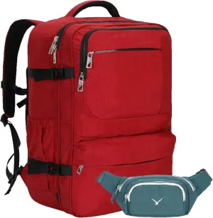 Hynes Eagle 44L Carry on Backpack Airline Approved Travel Backpack for Men Women Large Laptop Backpack 17 inch Nylon Backpack Overnight Weekender Bag Red with Waist Pack Green