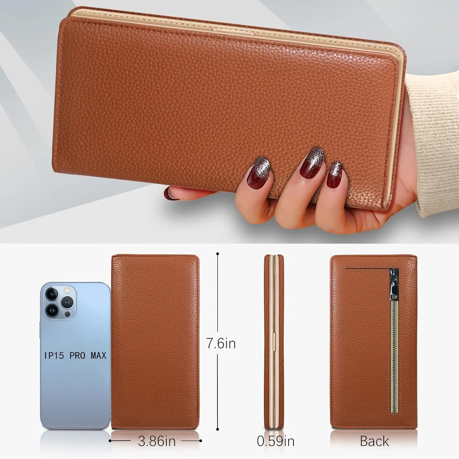 Immaturus Womens Wallet, Brown Slim Thin RFID Blocking Card Wallets, Bifold PU Leather Credit Card Holder Organizer, Cute Cash Clutch Long Billfold with Zipper Coin Pocket Ladies Girls Gift