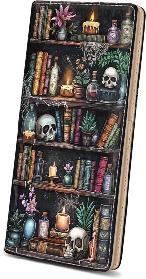 Immaturus Womens Wallet, Goth Skull Bookshelf Slim Thin RFID Blocking Credit Card Wallets, Long Bifold PU Leather Card Holder Organizer, Cash Clutch Billfold with Zipper Coin Pocket Ladies Girls Gift