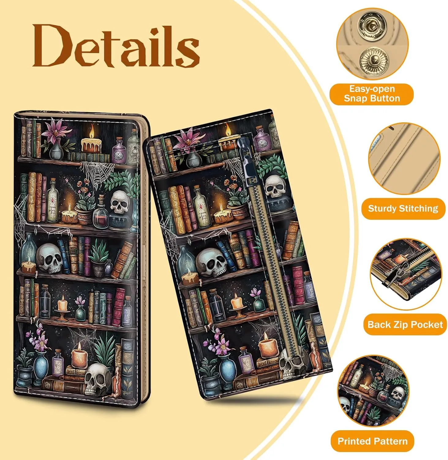 Immaturus Womens Wallet, Goth Skull Bookshelf Slim Thin RFID Blocking Credit Card Wallets, Long Bifold PU Leather Card Holder Organizer, Cash Clutch Billfold with Zipper Coin Pocket Ladies Girls Gift