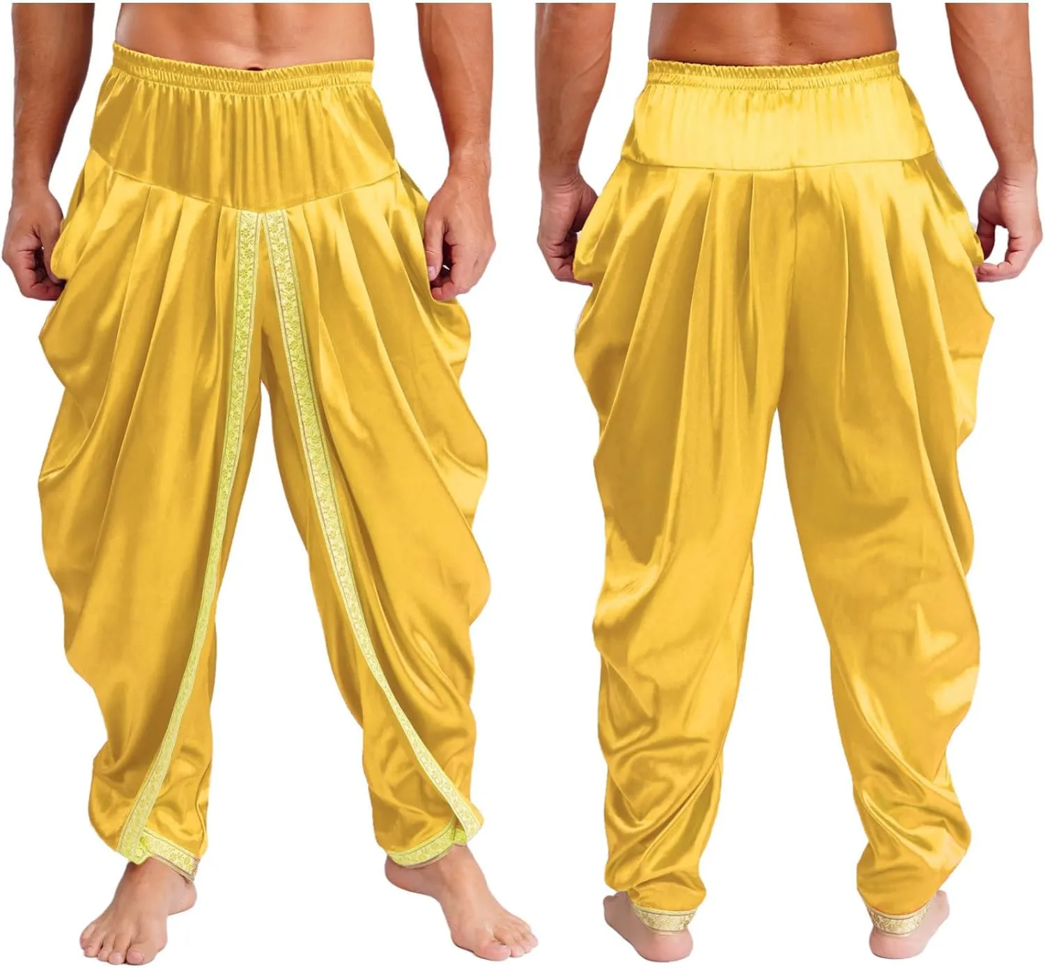 JEYPINMI Men India Satin Dhoti Pants Ruffle Elastic Waistband Draped Baggy Pant for Hippie Yoga