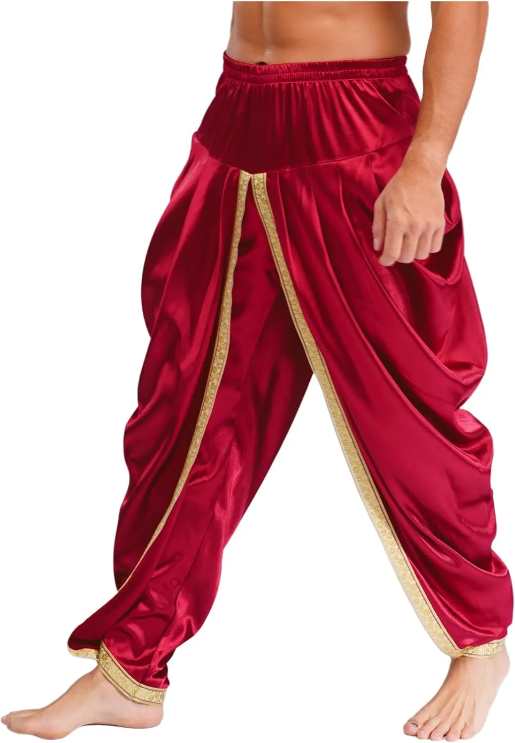 JEYPINMI Men India Satin Dhoti Pants Ruffle Elastic Waistband Draped Baggy Pant for Hippie Yoga