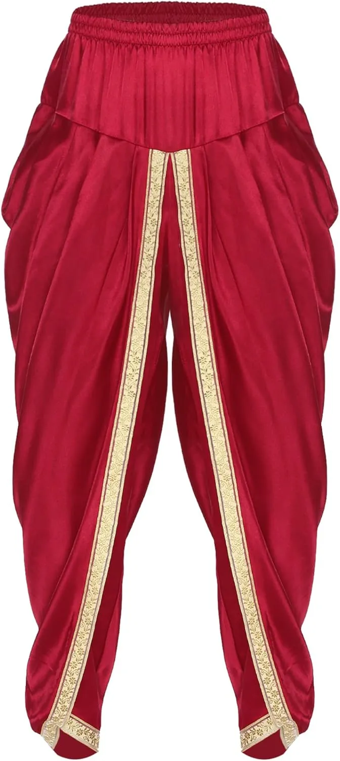 JEYPINMI Men India Satin Dhoti Pants Ruffle Elastic Waistband Draped Baggy Pant for Hippie Yoga