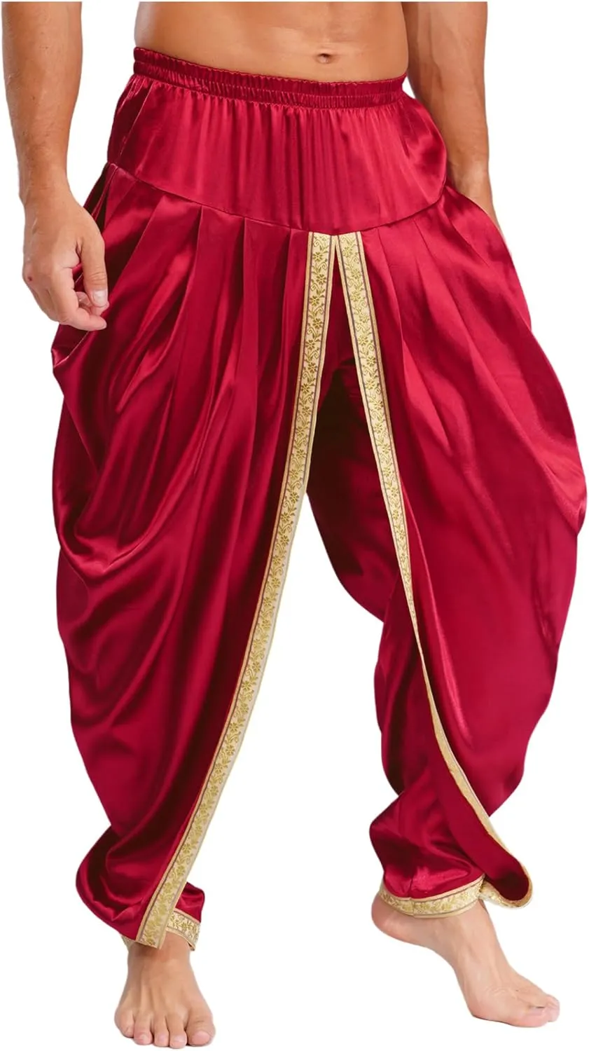 JEYPINMI Men India Satin Dhoti Pants Ruffle Elastic Waistband Draped Baggy Pant for Hippie Yoga