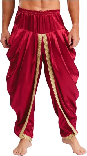 JEYPINMI Men India Satin Dhoti Pants Ruffle Elastic Waistband Draped Baggy Pant for Hippie Yoga