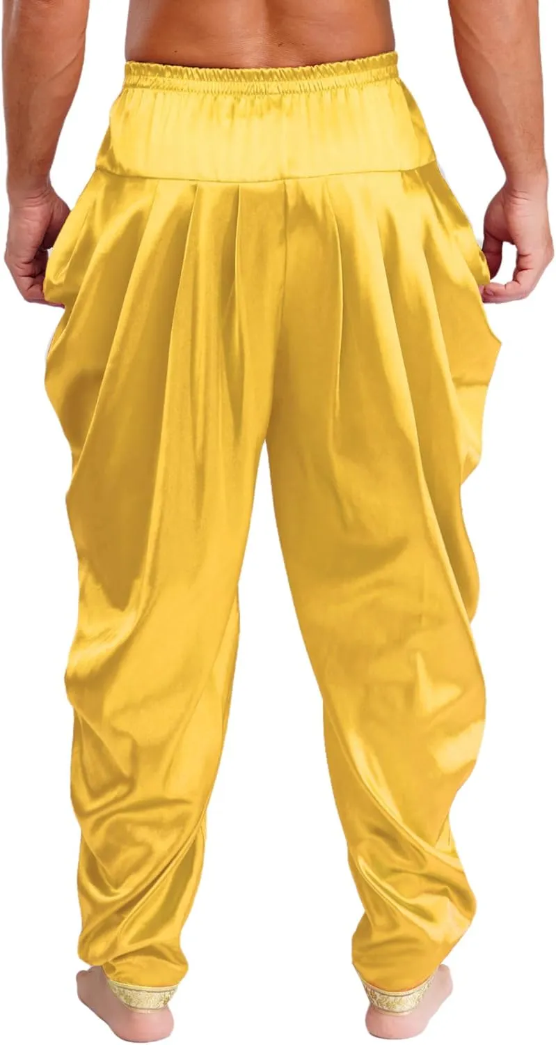 JEYPINMI Men India Satin Dhoti Pants Ruffle Elastic Waistband Draped Baggy Pant for Hippie Yoga