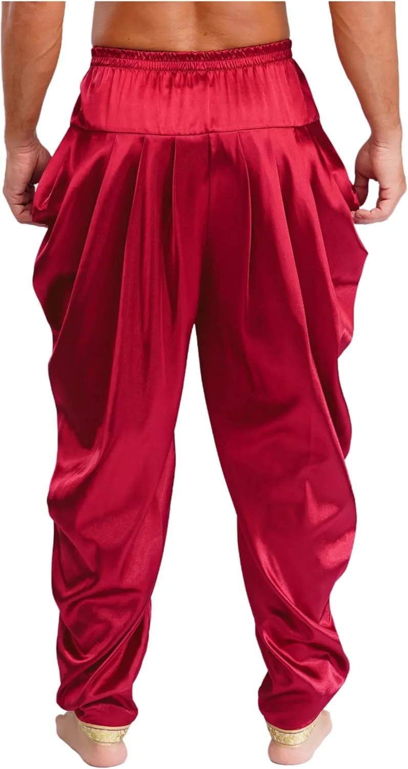 JEYPINMI Men India Satin Dhoti Pants Ruffle Elastic Waistband Draped Baggy Pant for Hippie Yoga