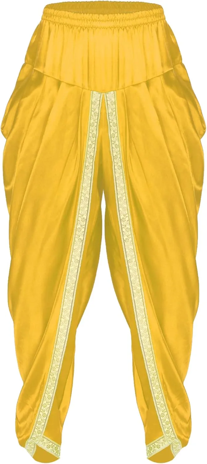 JEYPINMI Men India Satin Dhoti Pants Ruffle Elastic Waistband Draped Baggy Pant for Hippie Yoga