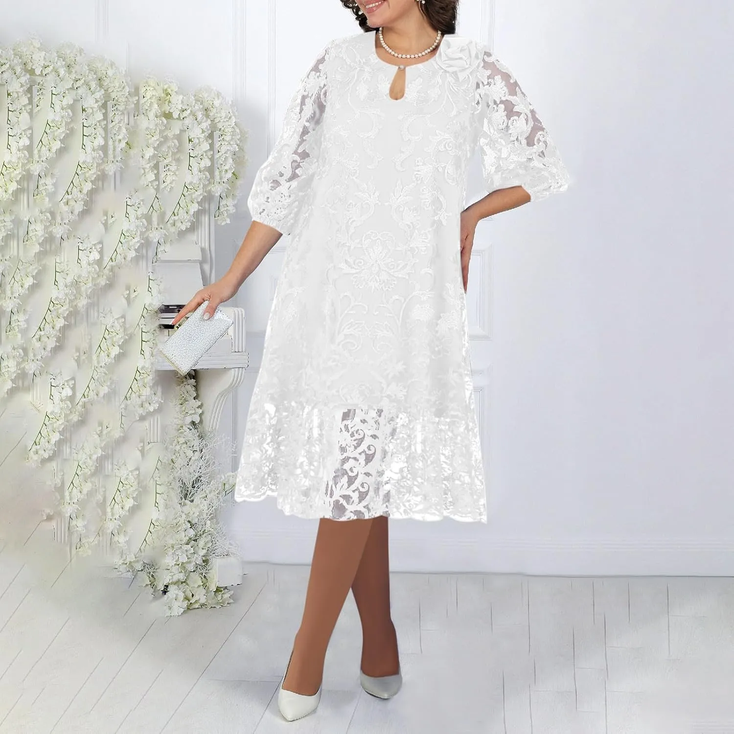 JOAU Bridesmaid Dress for Women Plus Size Floral Lace Spliced Midi Dresses 3/4 Puff Sleeve Belted Formal Cocktail Party Dress