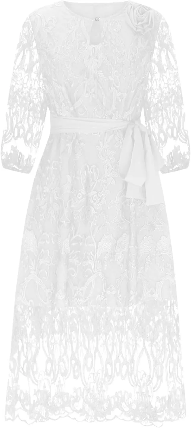 JOAU Bridesmaid Dress for Women Plus Size Floral Lace Spliced Midi Dresses 3/4 Puff Sleeve Belted Formal Cocktail Party Dress