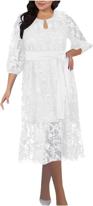 JOAU Bridesmaid Dress for Women Plus Size Floral Lace Spliced Midi Dresses 3/4 Puff Sleeve Belted Formal Cocktail Party Dress