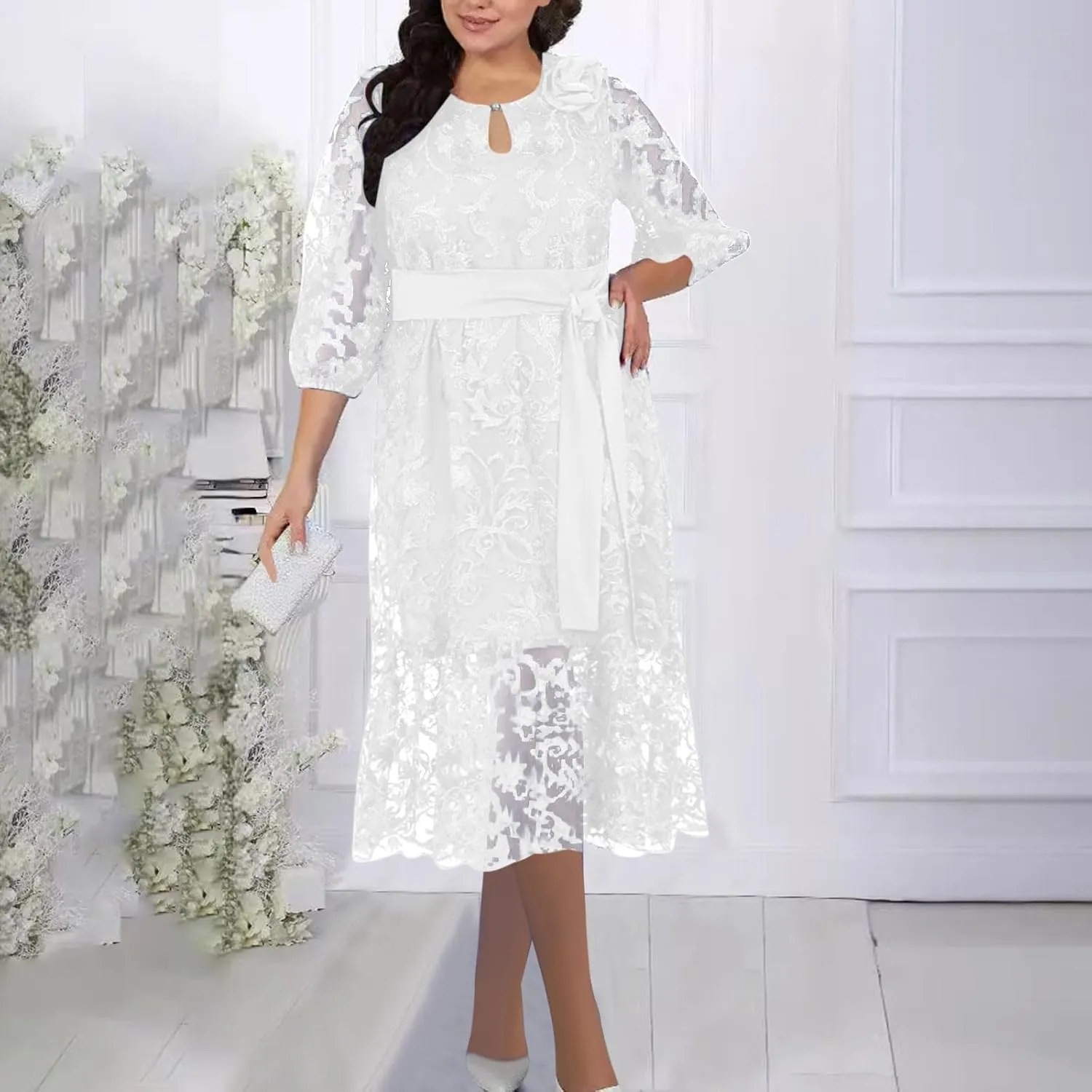 JOAU Bridesmaid Dress for Women Plus Size Floral Lace Spliced Midi Dresses 3/4 Puff Sleeve Belted Formal Cocktail Party Dress