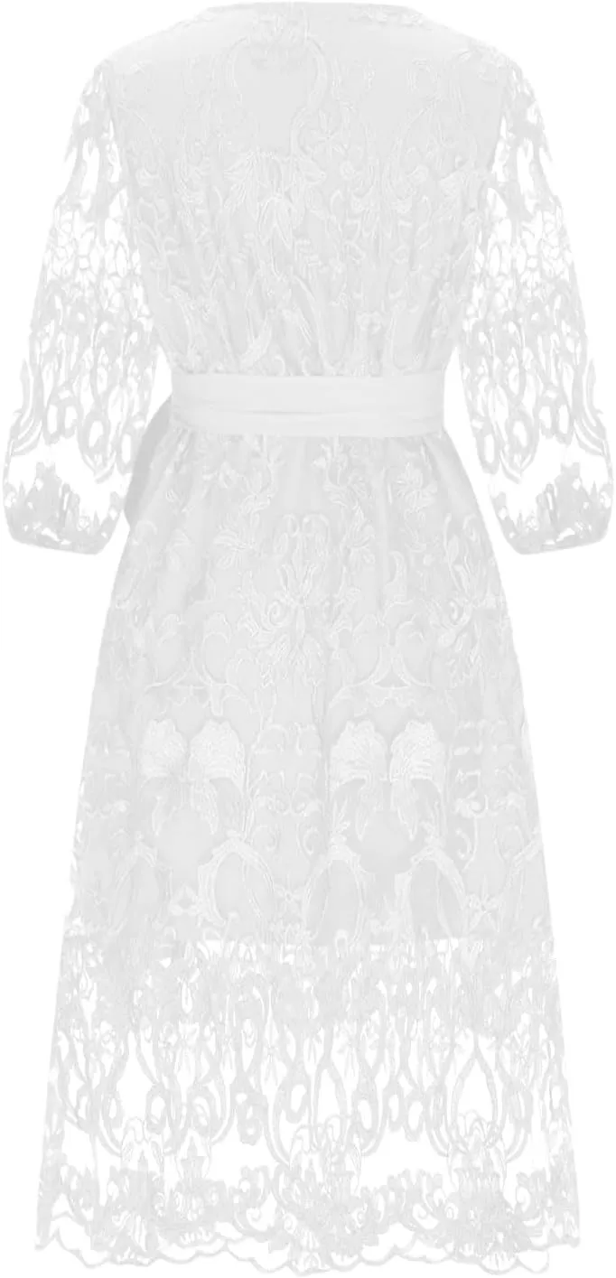 JOAU Bridesmaid Dress for Women Plus Size Floral Lace Spliced Midi Dresses 3/4 Puff Sleeve Belted Formal Cocktail Party Dress