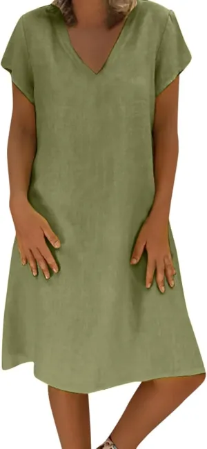 JOAU Women's 2024 Summer Cotton Linen Midi Dress V Neck Beach Vacation Short Sleeve Casual Knee Length Shirt Dresses