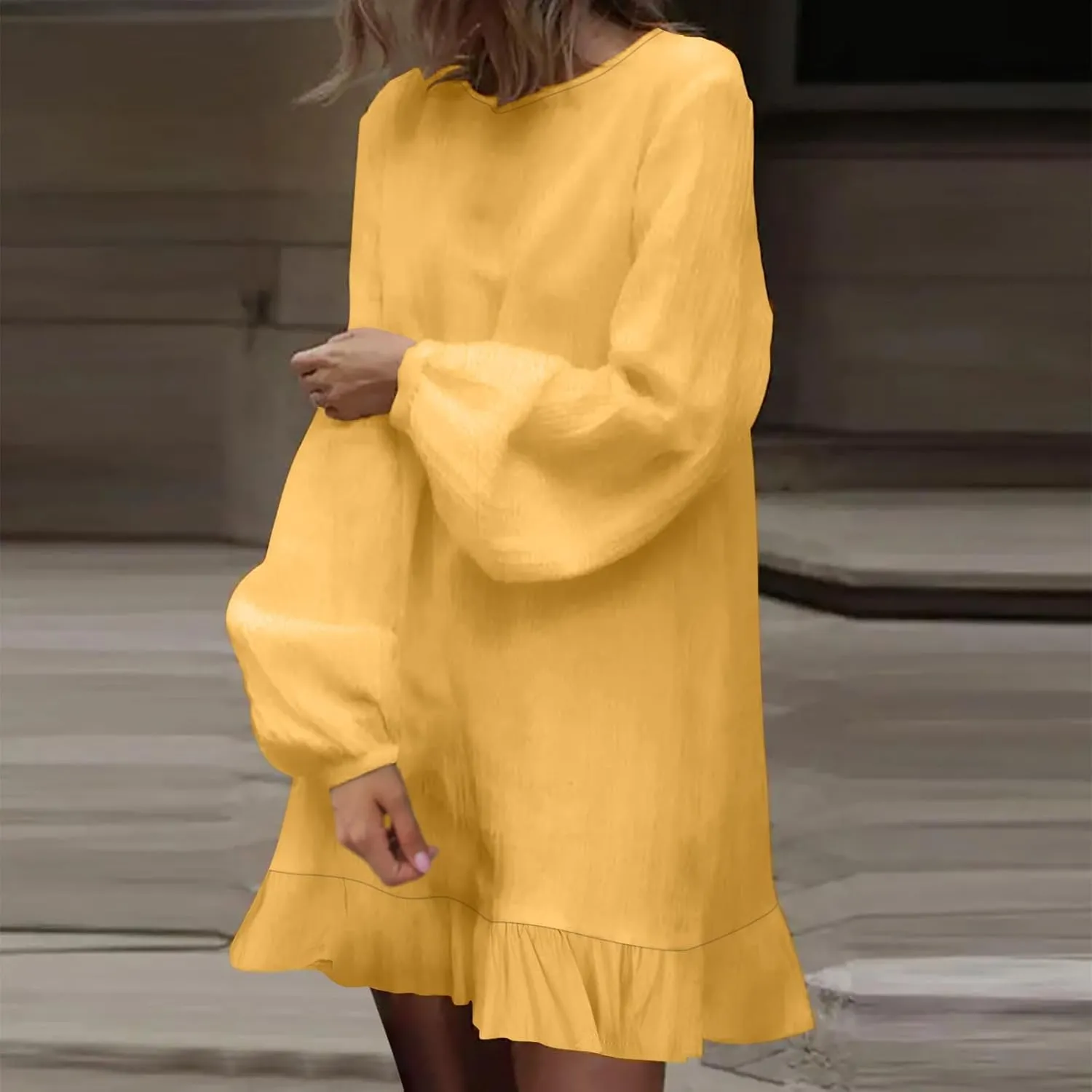 JOAU Women's Cotton Linen Shirt Dress Summer Casual Long Sleeve Ruffle Hem Crewneck Solid Loose Beach Shift Mini Dresses