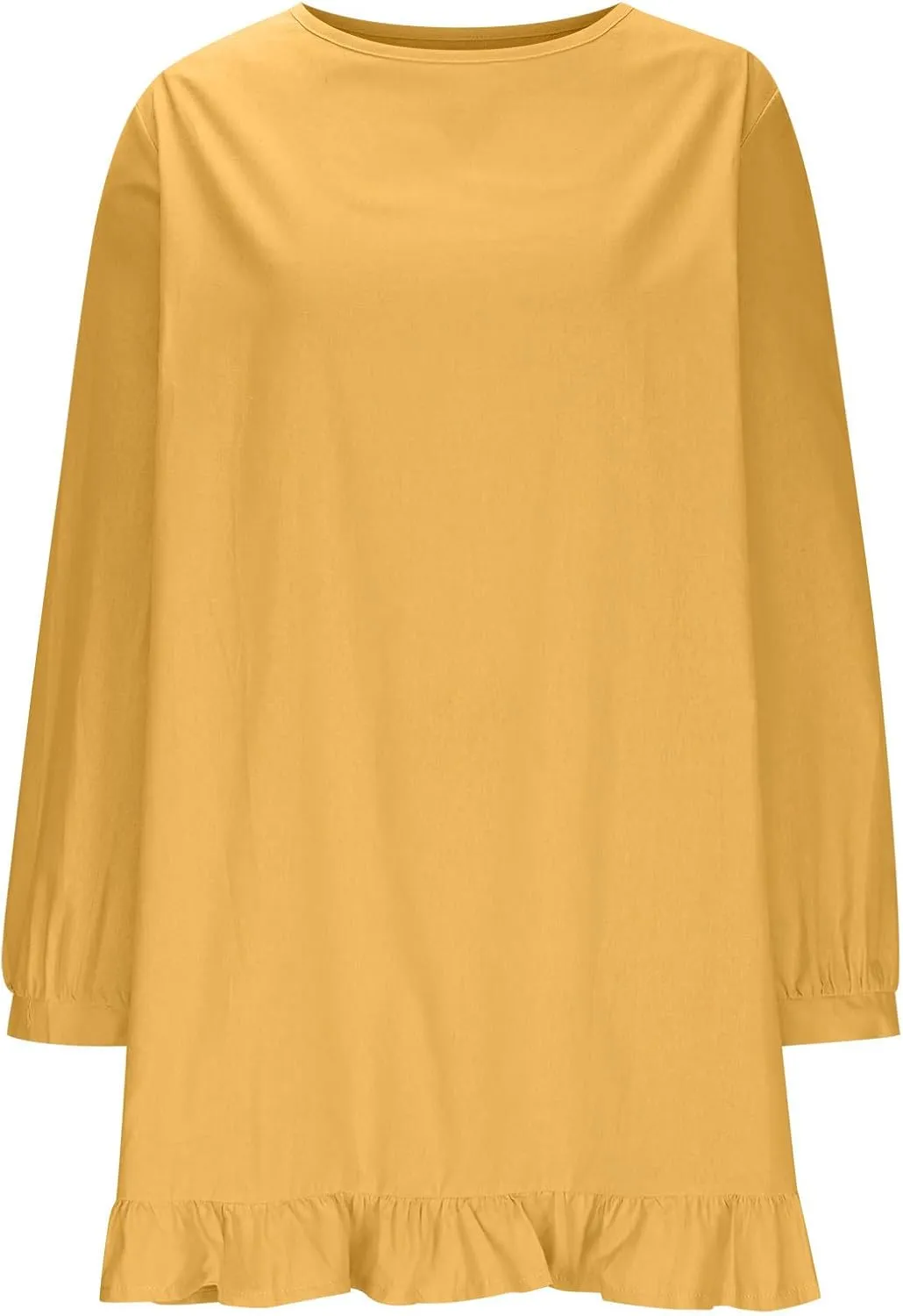JOAU Women's Cotton Linen Shirt Dress Summer Casual Long Sleeve Ruffle Hem Crewneck Solid Loose Beach Shift Mini Dresses